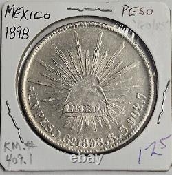 HIGH GRADE REPUBLIC MEXICO 1898 Go R. S CAP & RAYS UN 1 PESO MEXICAN SILVER COIN