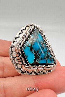 Vtg 1.5 Navajo Sterling Silver Natural High Grade Kingman Turquoise Ring 24.6g