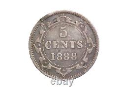1888 Terre-Neuve 5 Cents Argent Haut Grade Circ Rare Obv 3 Dot Variety-c5297