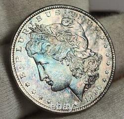 Pièce de monnaie P Morgan Silver Dollar de 1896, ton pastel arc-en-ciel, qualité UNC, grade MS élevé, sans marques.